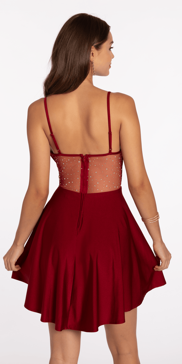 Drape Neck Satin Skater Dress with Sheer Back Panels - Camille La Vie