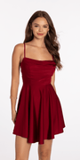 Drape Neck Satin Skater Dress with Sheer Back Panels - Camille La Vie