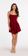 Drape Neck Satin Skater Dress with Sheer Back Panels - Camille La Vie