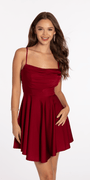 Drape Neck Satin Skater Dress with Sheer Back Panels - Camille La Vie