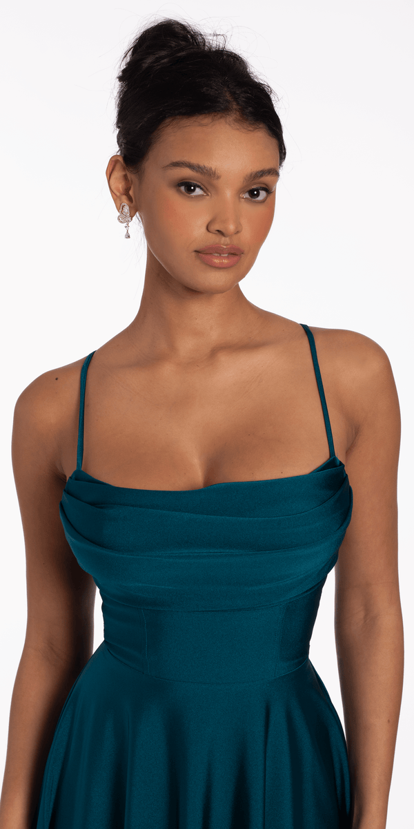 Stretch Satin Drape Tie Back Skater - Camille La Vie