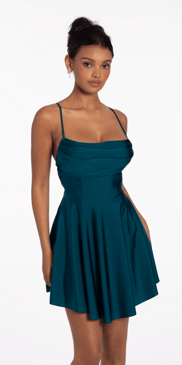 Stretch Satin Drape Tie Back Skater - Camille La Vie