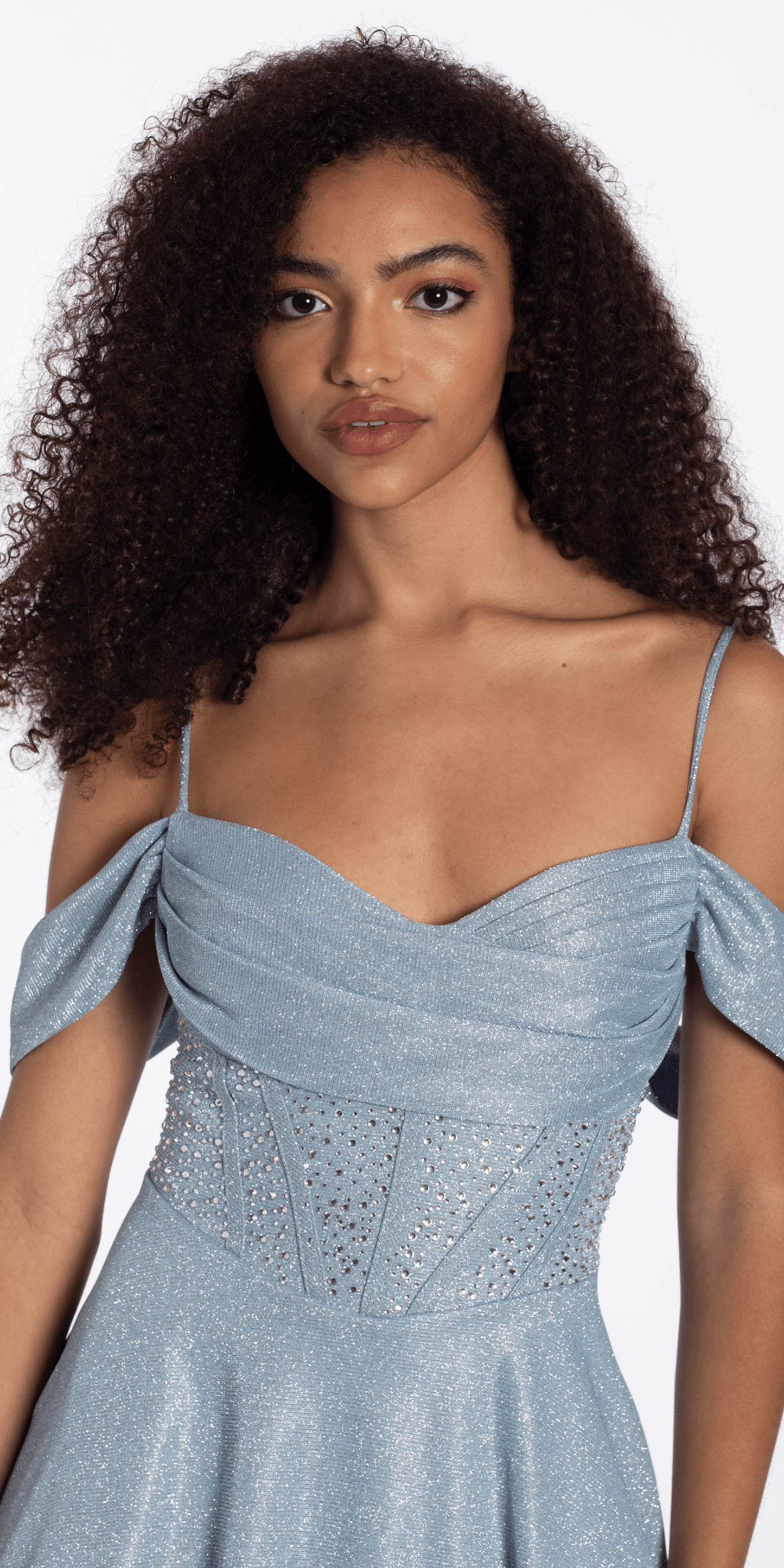 Camille La Vie Shimmer Off the Shoulder Embellished Corset Fit and Flare Dress