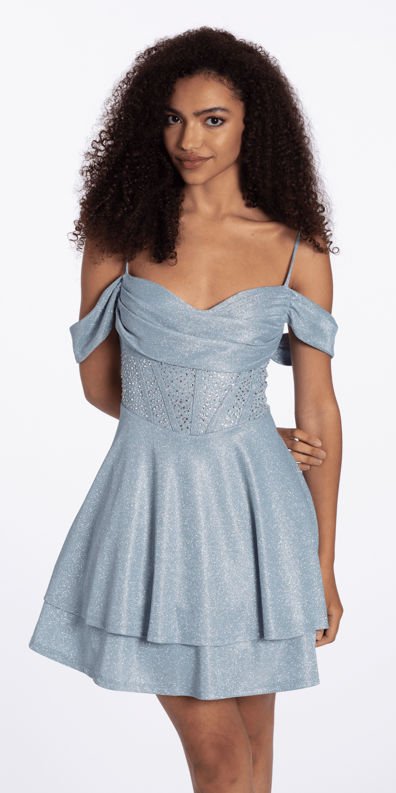 Camille La Vie Shimmer Off the Shoulder Embellished Corset Fit and Flare Dress