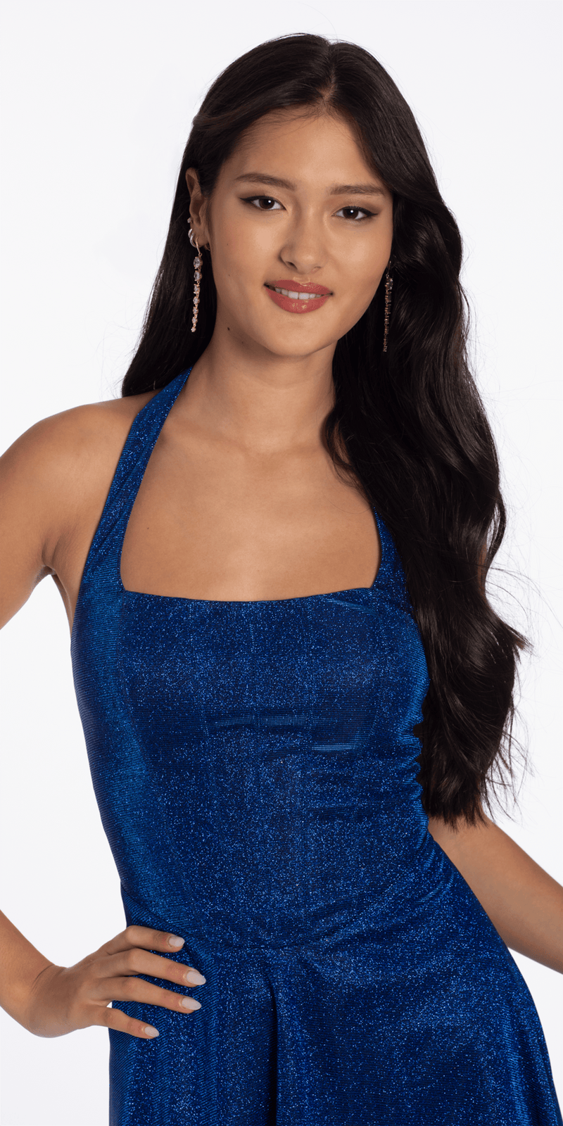 Camille La Vie Glitter Knit Embellished Corset Back Halter Skater Dress