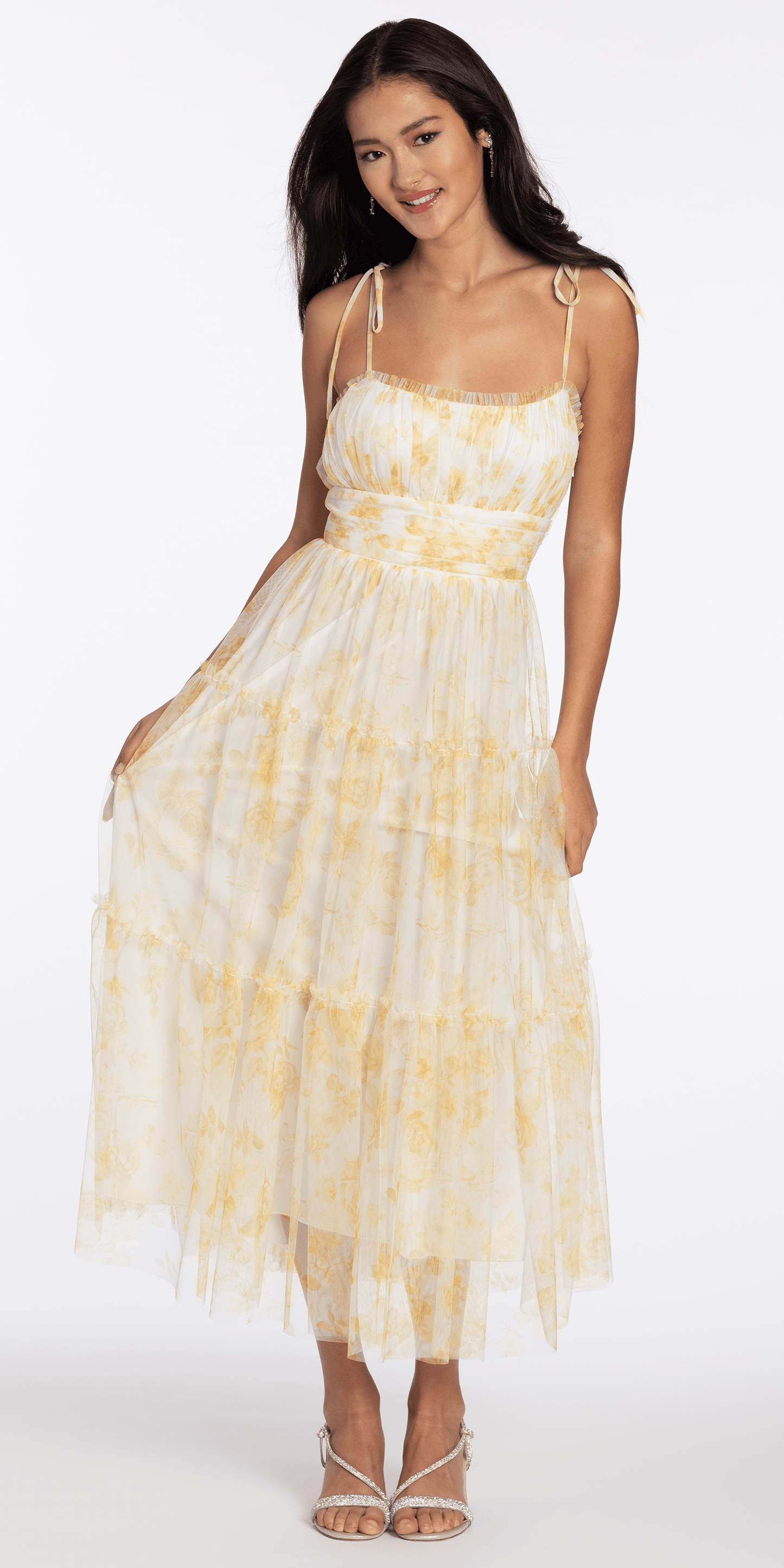 Mesh Scoop Neck Ruffle Tiered Maxi Dress with Shoulder Ties - Camille La Vie