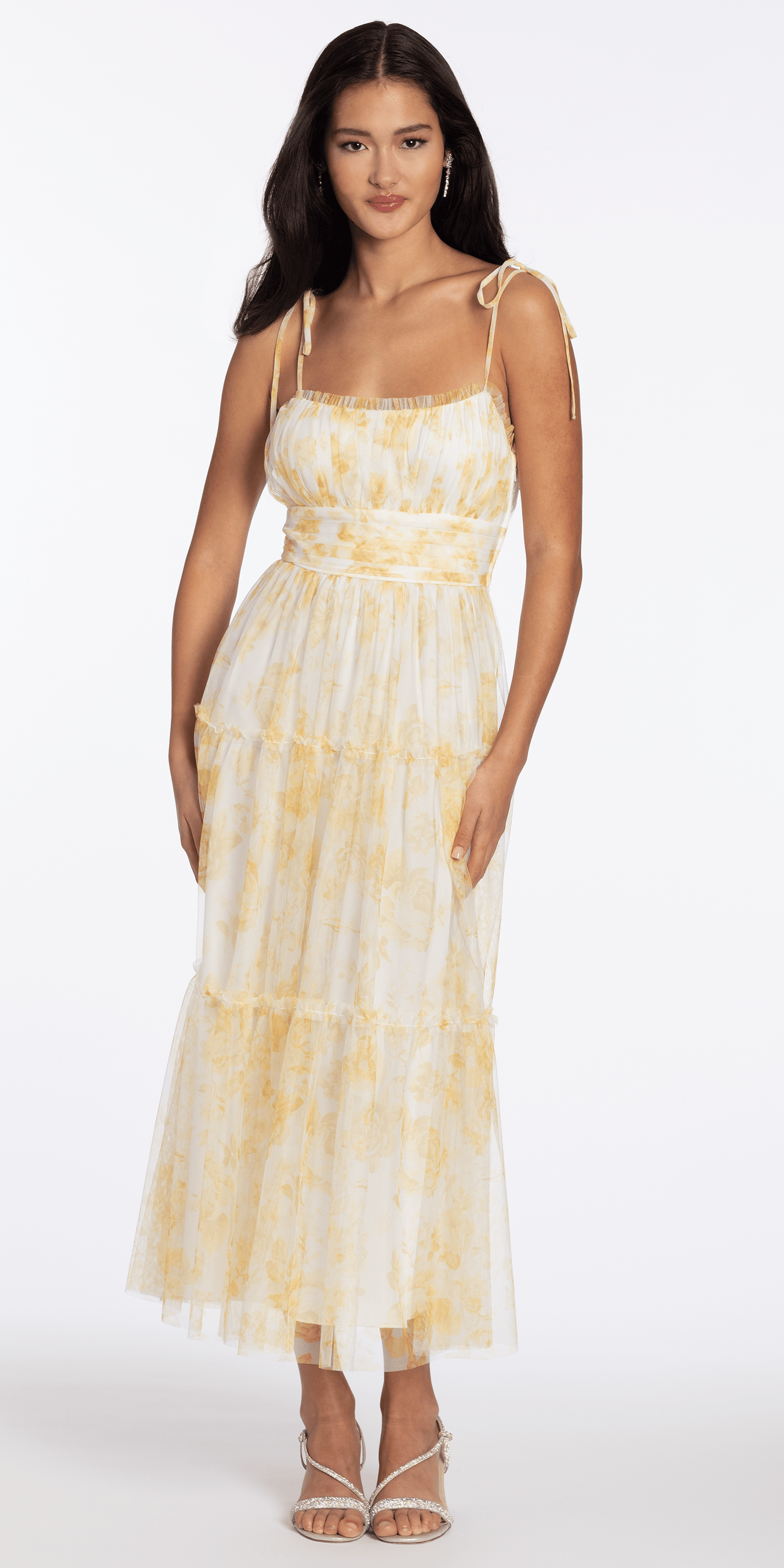 Mesh Scoop Neck Ruffle Tiered Maxi Dress with Shoulder Ties - Camille La Vie