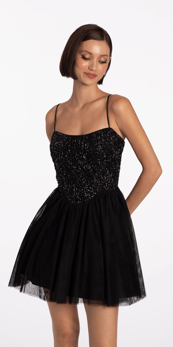 Beaded Mesh Corset Lace Up Back Fit and Flare Dress - Camille La Vie