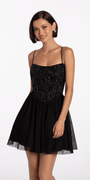 Beaded Mesh Corset Lace Up Back Fit and Flare Dress - Camille La Vie