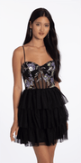 black/size/s/missy/Camille La Vie/ Embellished Mesh Sweetheart Corset Tiered Fit and Flare Dress/front