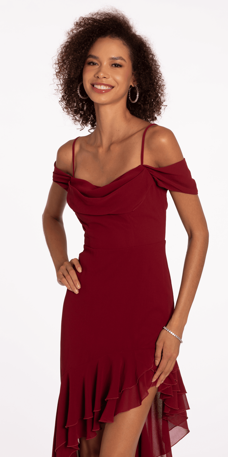 Chiffon Off the Shoulder Drape High Low Dress with Ruffle Hem - Camille La Vie
