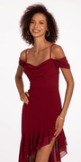 Chiffon Off the Shoulder Drape High Low Dress with Ruffle Hem - Camille La Vie