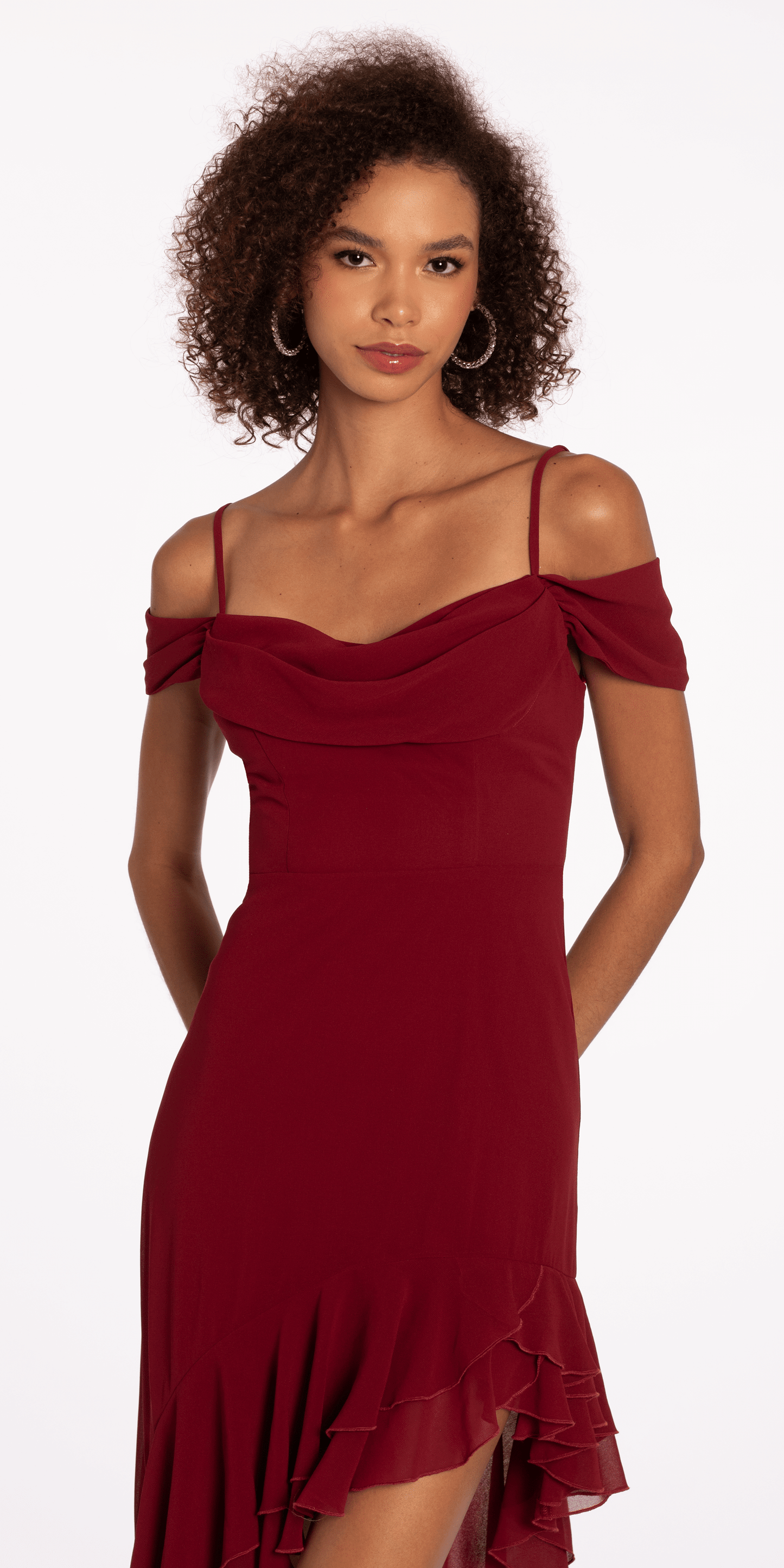 Chiffon Off the Shoulder Drape High Low Dress with Ruffle Hem - Camille La Vie