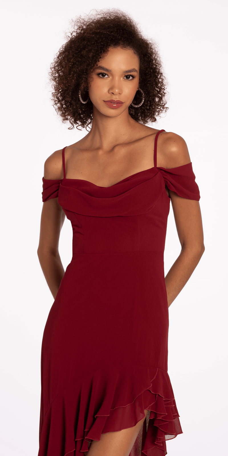 Chiffon Off the Shoulder Drape High Low Dress with Ruffle Hem - Camille La Vie