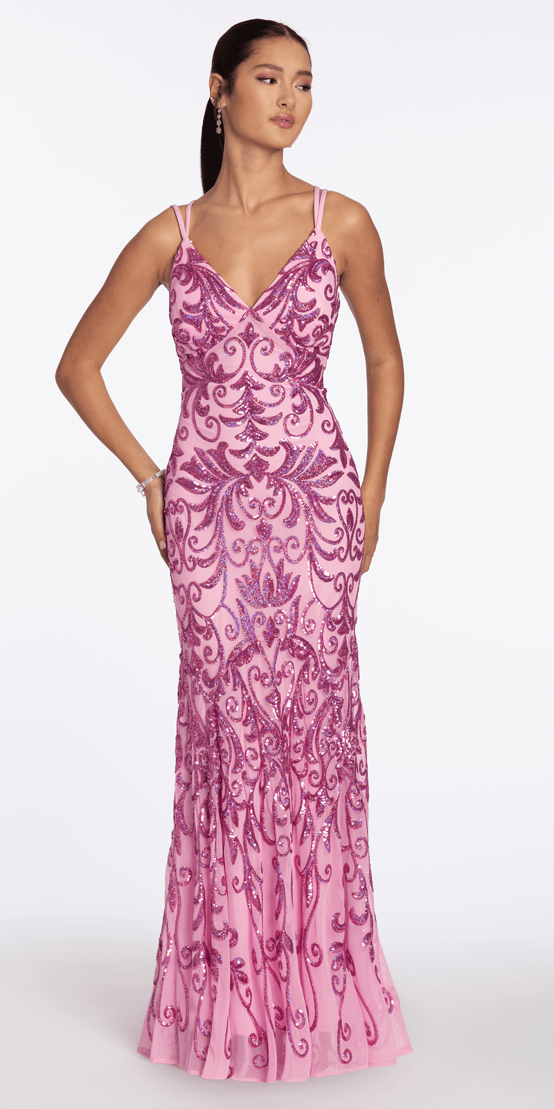 Strappy Back Swirl Sequin Illusion Column Dress - Camille La Vie