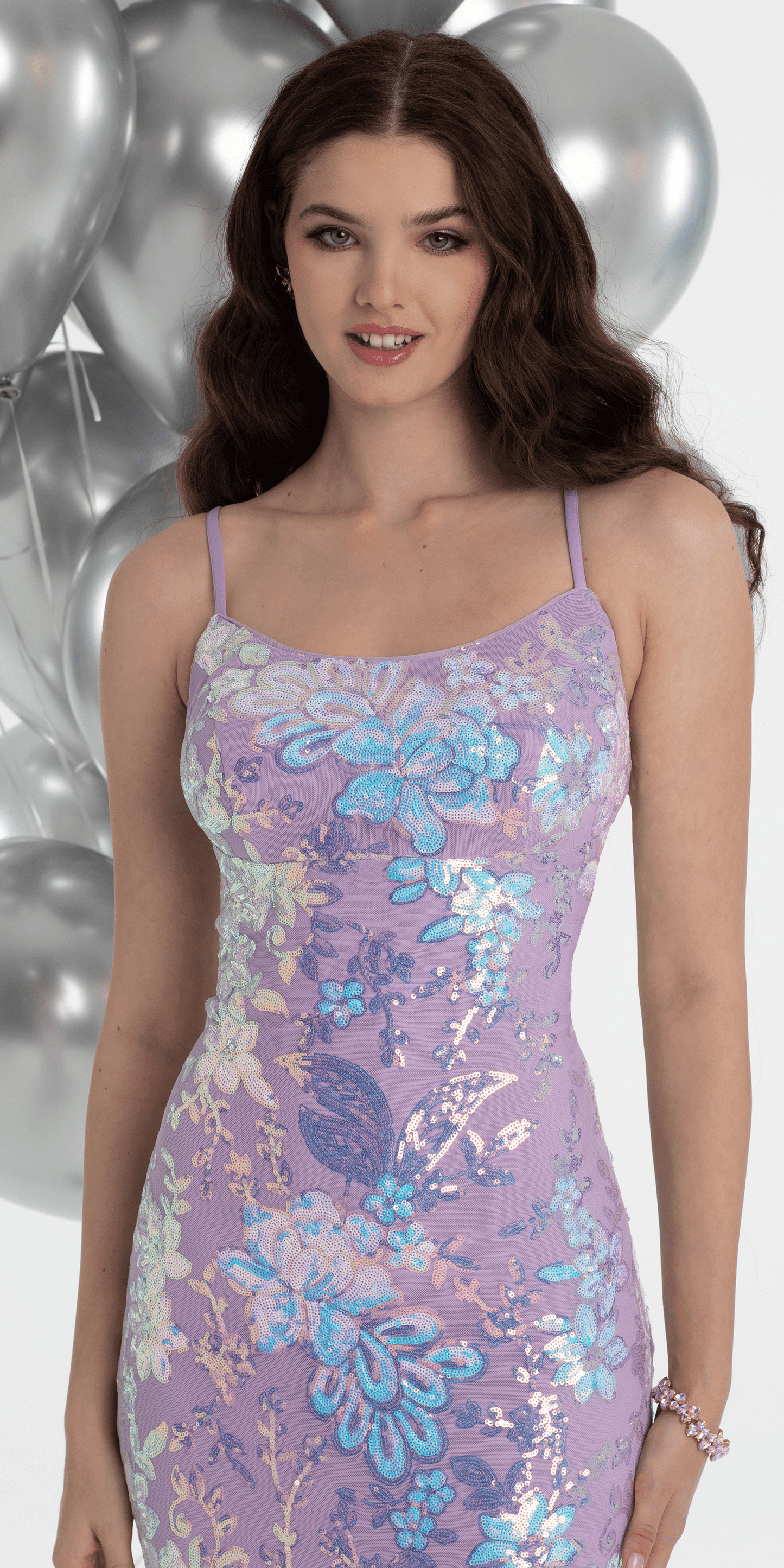 lavendar/size/4/missy/Camille La Vie/Double Clasp Back Floral Sequin Mermaid Dress/close up