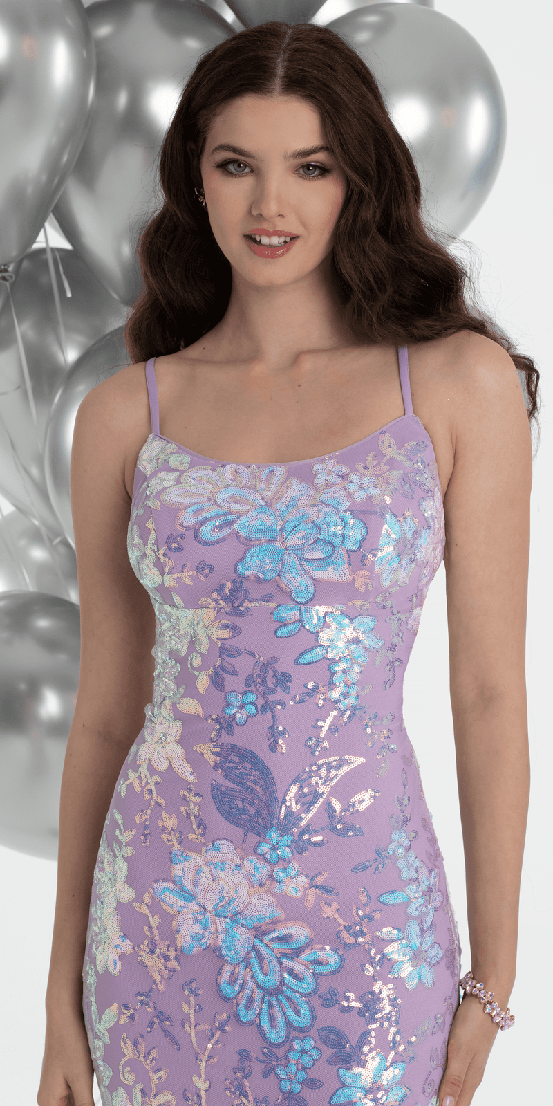 lavendar/size/4/missy/Camille La Vie/Double Clasp Back Floral Sequin Mermaid Dress/close up