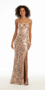 gold/size/4/missy/Camille La Vie/Sequin Keyhole Back and Lace Up Dress with Side Slit/front alt 1