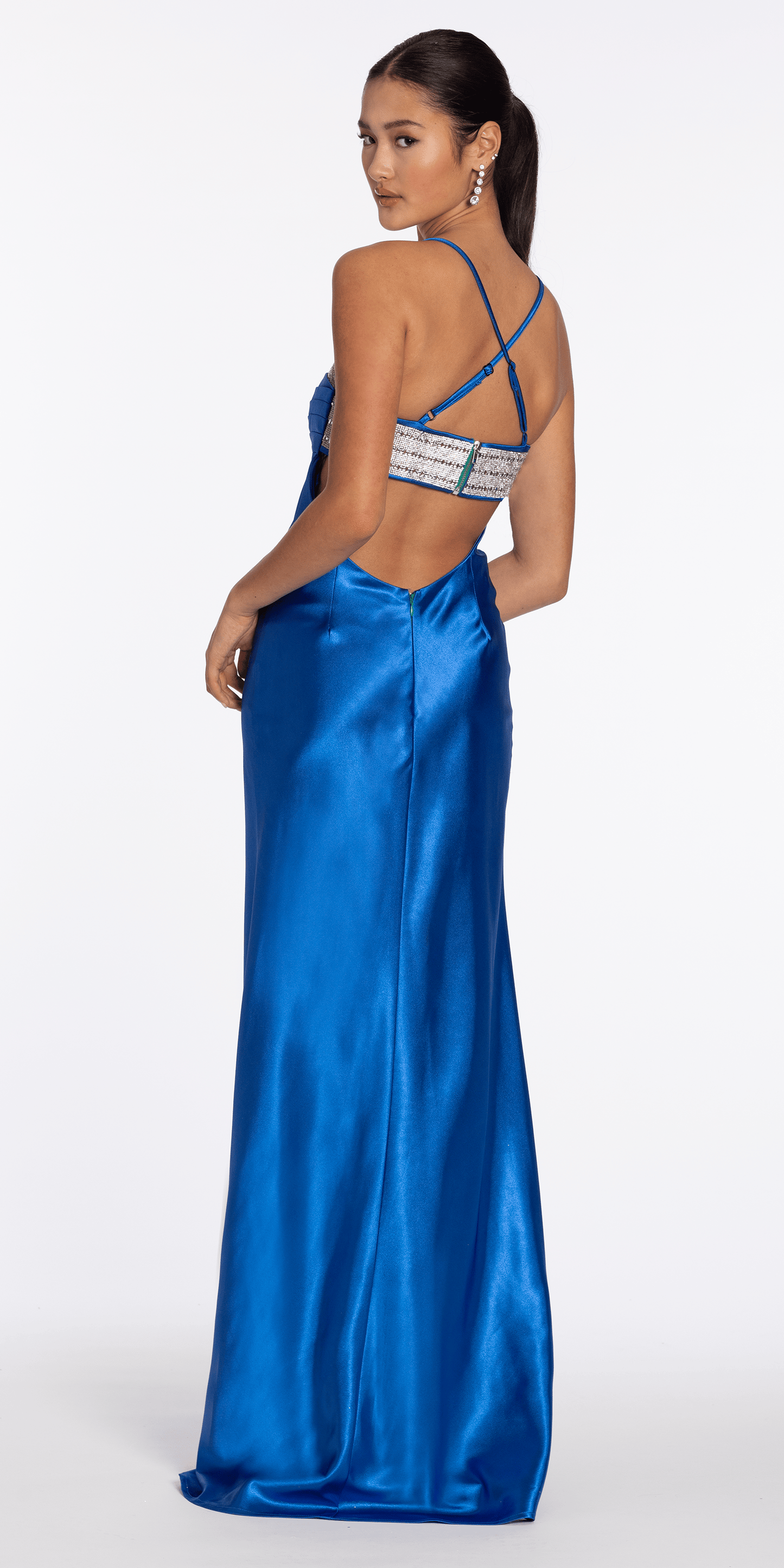 Strappy Back Satin Rhinestone Sweetheart Column Dress - Camille La Vie