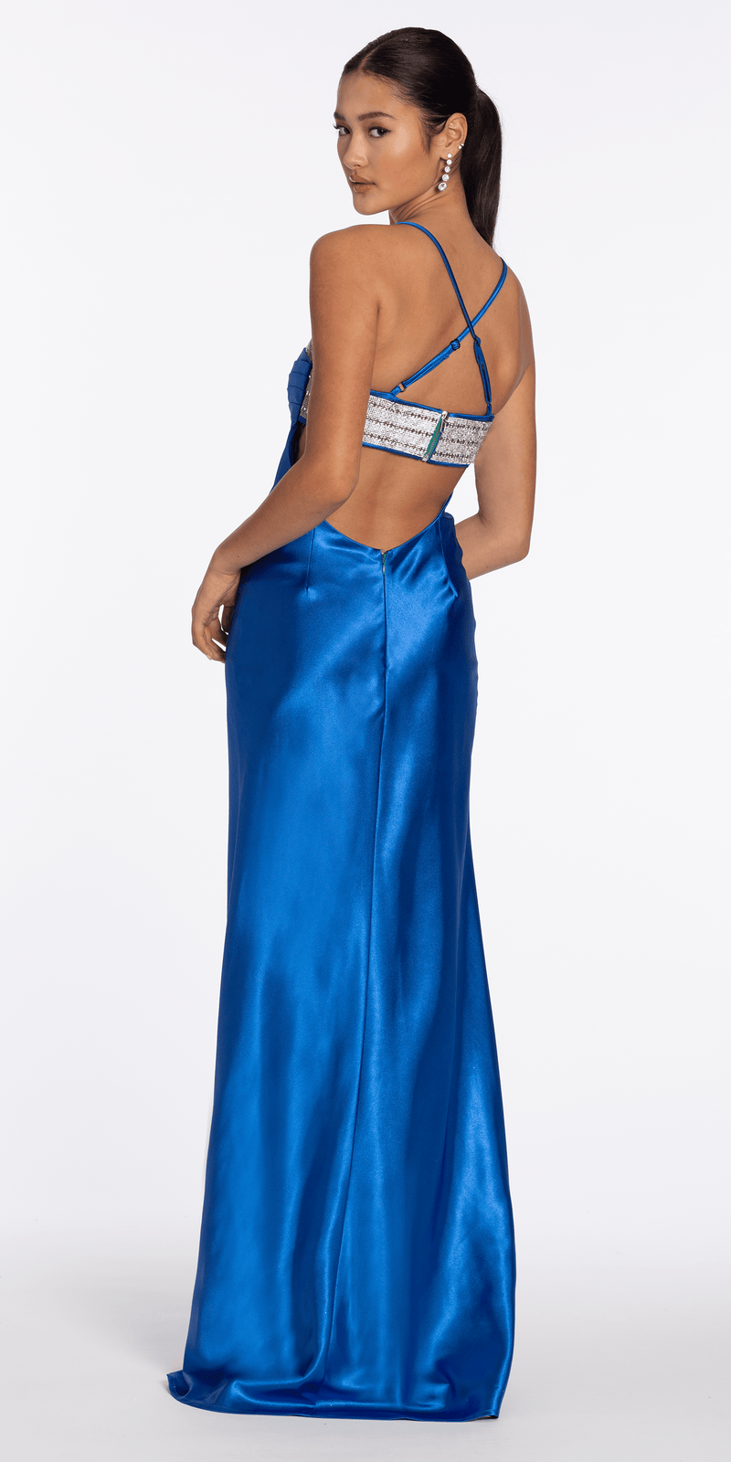 Strappy Back Satin Rhinestone Sweetheart Column Dress - Camille La Vie