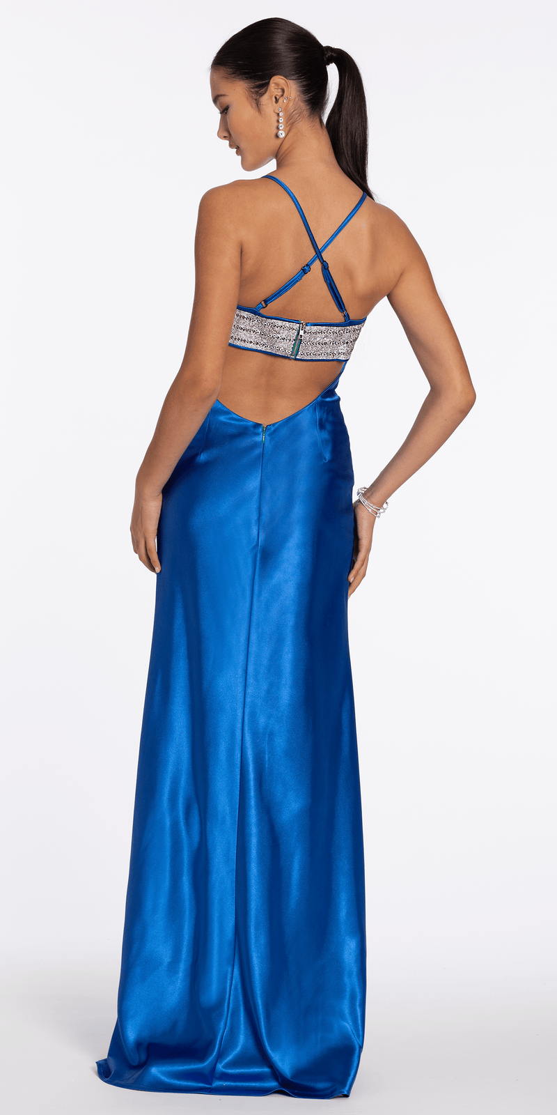 Strappy Back Satin Rhinestone Sweetheart Column Dress - Camille La Vie