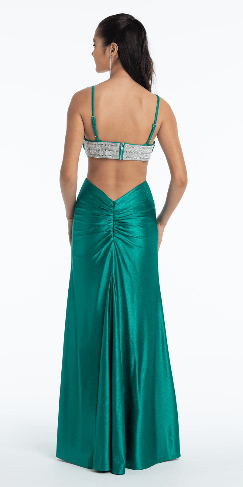 Jersey Glitter Pleated Column Dress with Peek-a-Boo Rhinestone Bodice - Camille La Vie