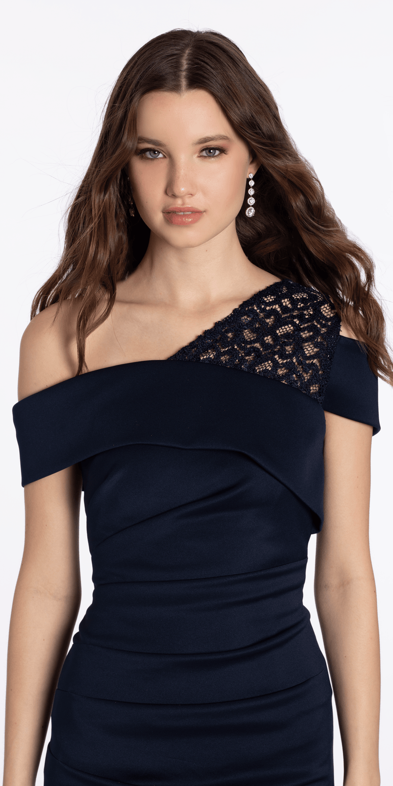 Lace One Shoulder Foldover Scuba Column Dress with Back Slit - Camille La Vie
