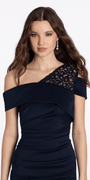 Lace One Shoulder Foldover Scuba Column Dress with Back Slit - Camille La Vie