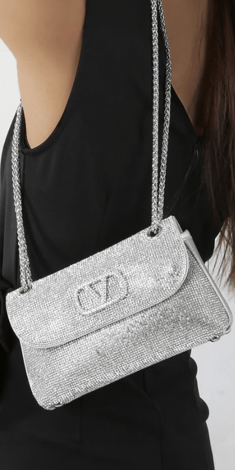 silver/no size/Camille La Vie/Rhinestone-1/2 Flap Handbag with Chain Link Strap/model