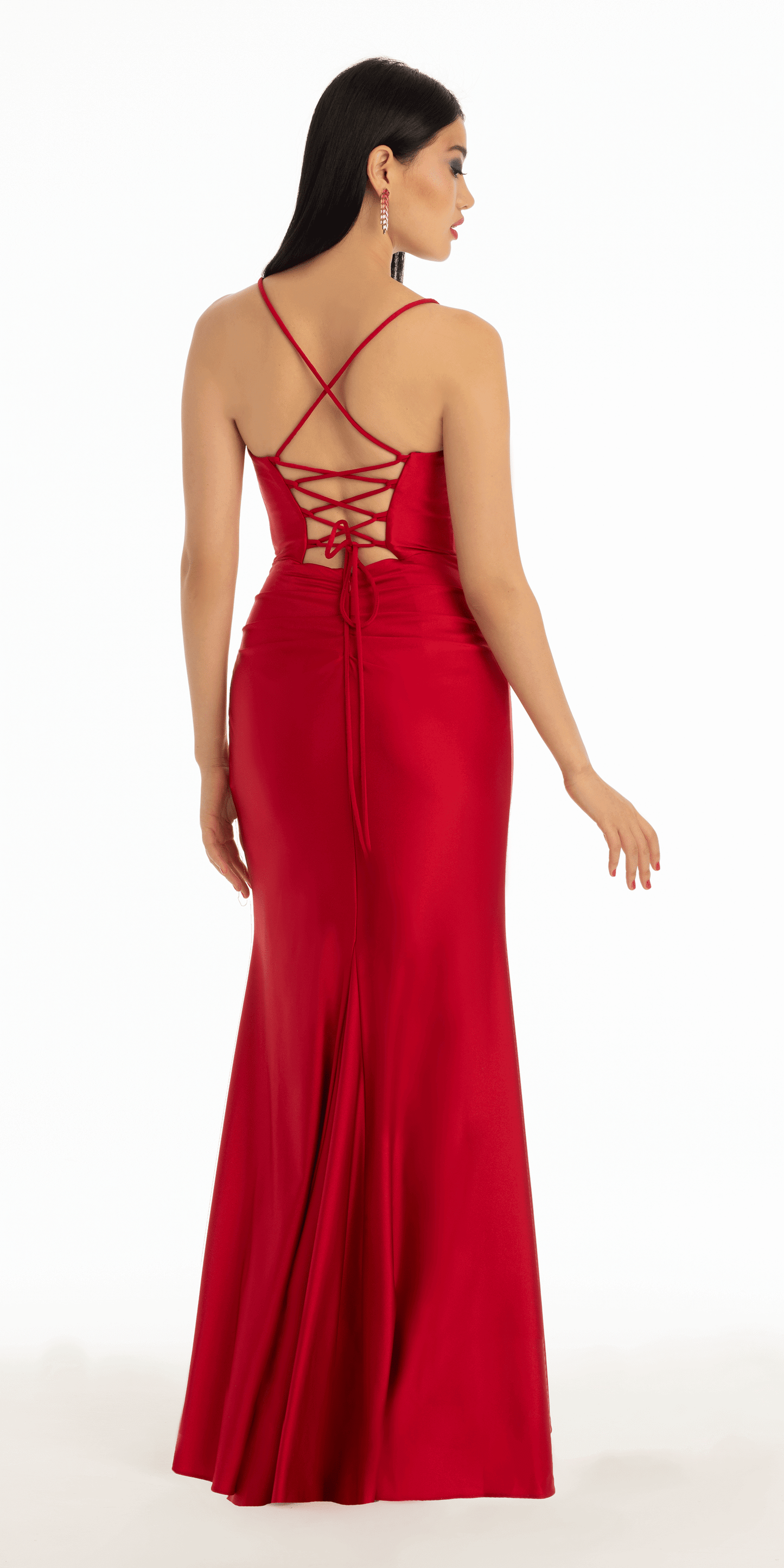 Stretch Satin Lace Up Back Dress with Train - Camille La Vie