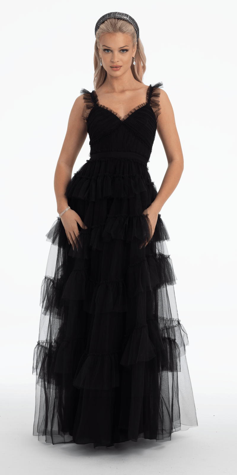 Multi Tiered Tulle Ballgown with Satin Waist Accent - Camille La Vie