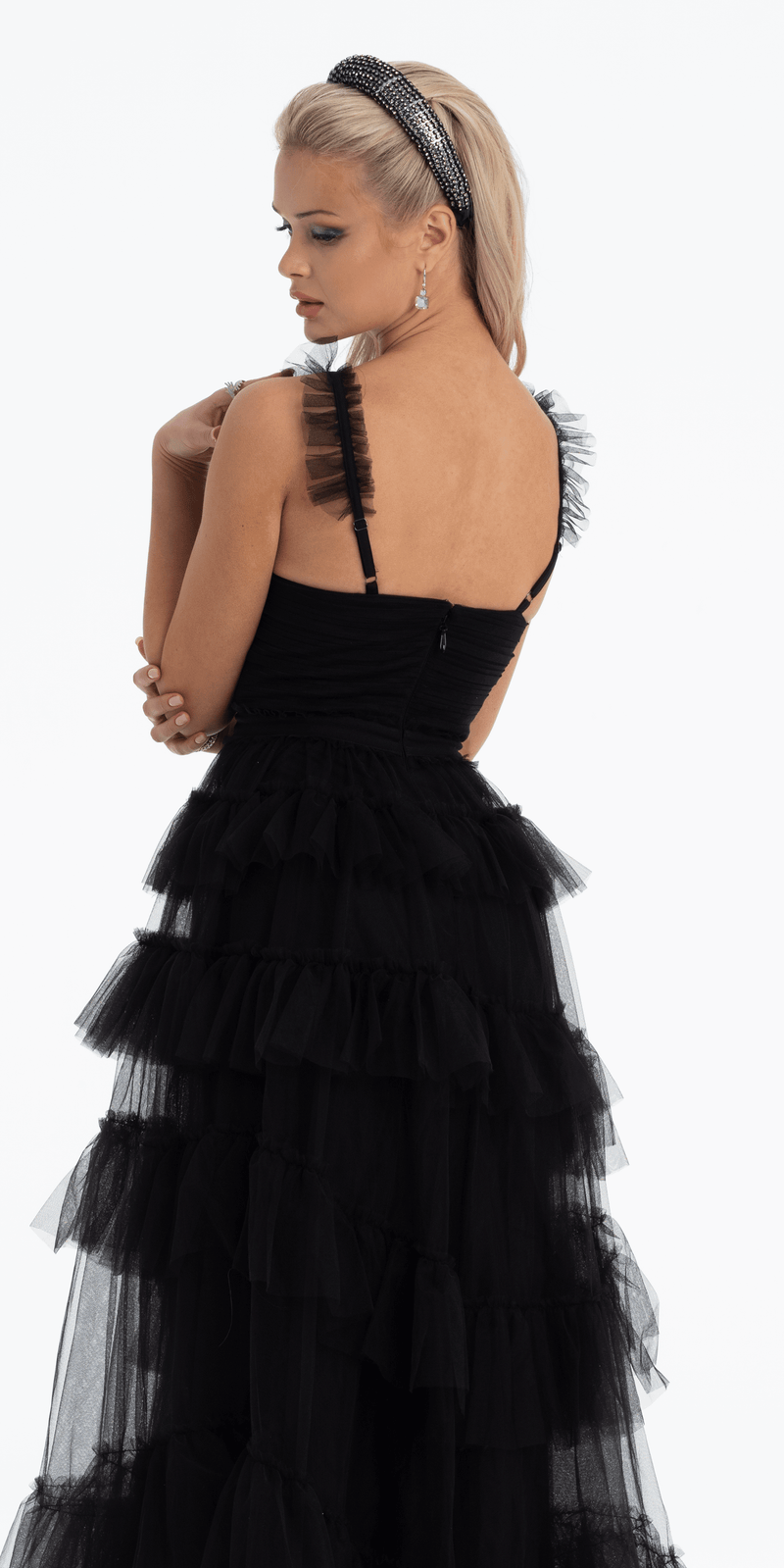 Multi Tiered Tulle Ballgown with Satin Waist Accent - Camille La Vie