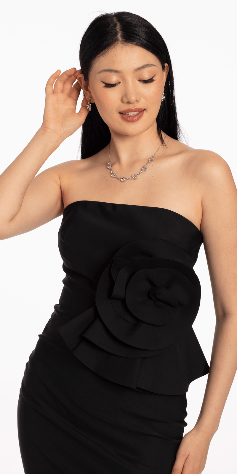 Strapless Midi Dress with Side Ruched Rose Detail - Camille La Vie