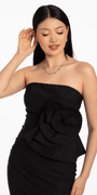 Strapless Midi Dress with Side Ruched Rose Detail - Camille La Vie