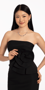 Strapless Midi Dress with Side Ruched Rose Detail - Camille La Vie