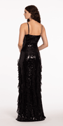 Stretch Sequin V Neck Column Dress with Crepe Ruffles - Camille La Vie