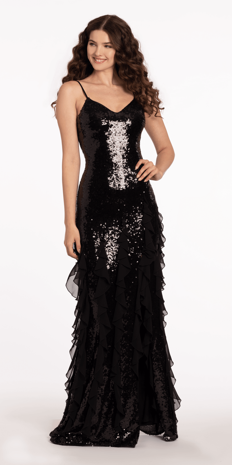 Stretch Sequin V Neck Column Dress with Crepe Ruffles - Camille La Vie
