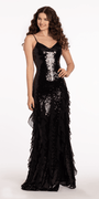 Stretch Sequin V Neck Column Dress with Crepe Ruffles - Camille La Vie