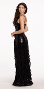 Stretch Sequin V Neck Column Dress with Crepe Ruffles - Camille La Vie