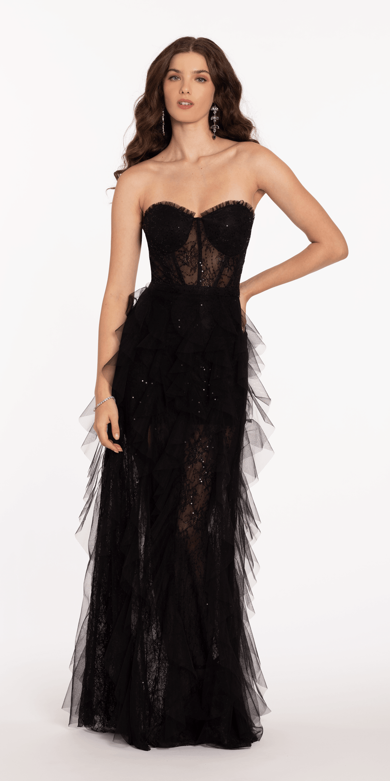 Sweetheart Illusion Corset Trumpet Dress with Mesh Cascades - Camille La Vie
