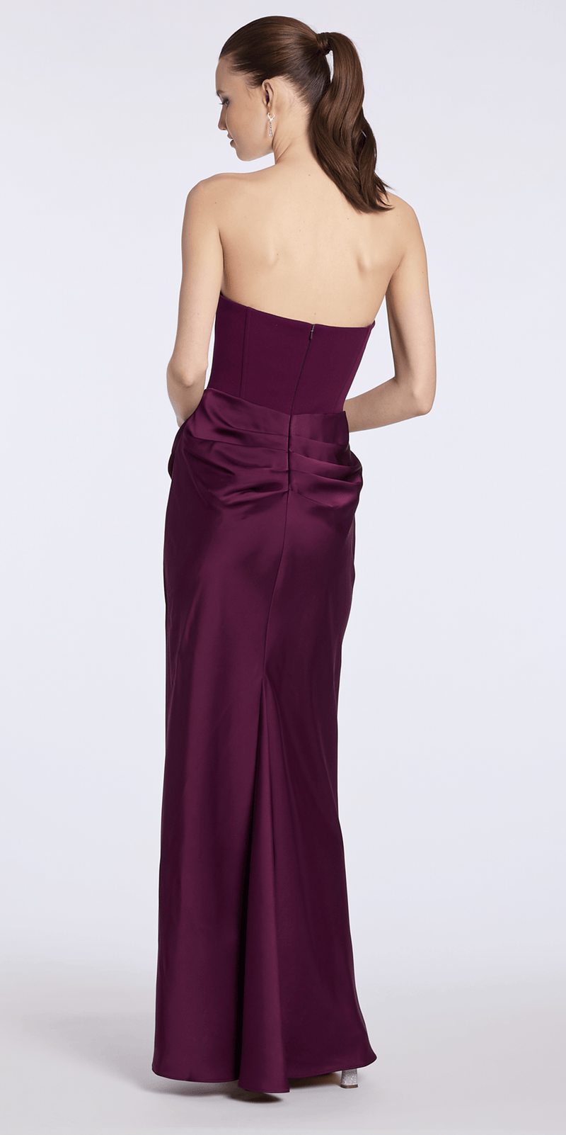 plum/size/6/missy/Camille La Vie /Pointed Strapless Scuba Corset Column Satin Dress/back