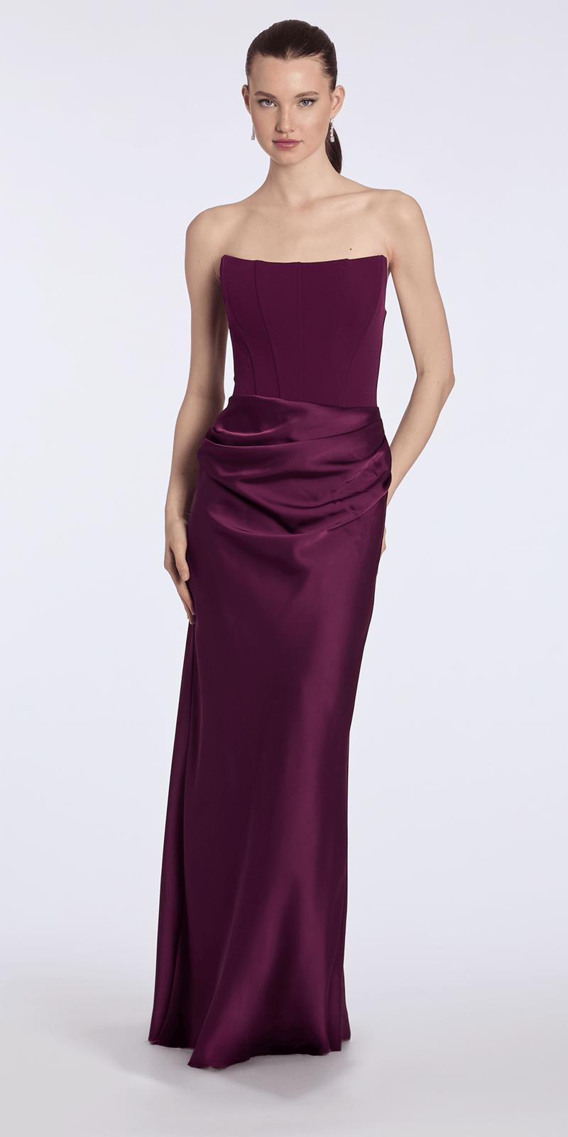 plum/size/6/missy/Camille La Vie /Pointed Strapless Scuba Corset Column Satin Dress/front