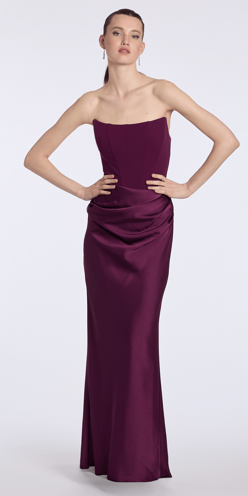 plum/size/6/missy/Camille La Vie /Pointed Strapless Scuba Corset Column Satin Dress/front alt