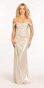 Off the Shoulder Drape Neck Foil Column Dress - Camille La Vie