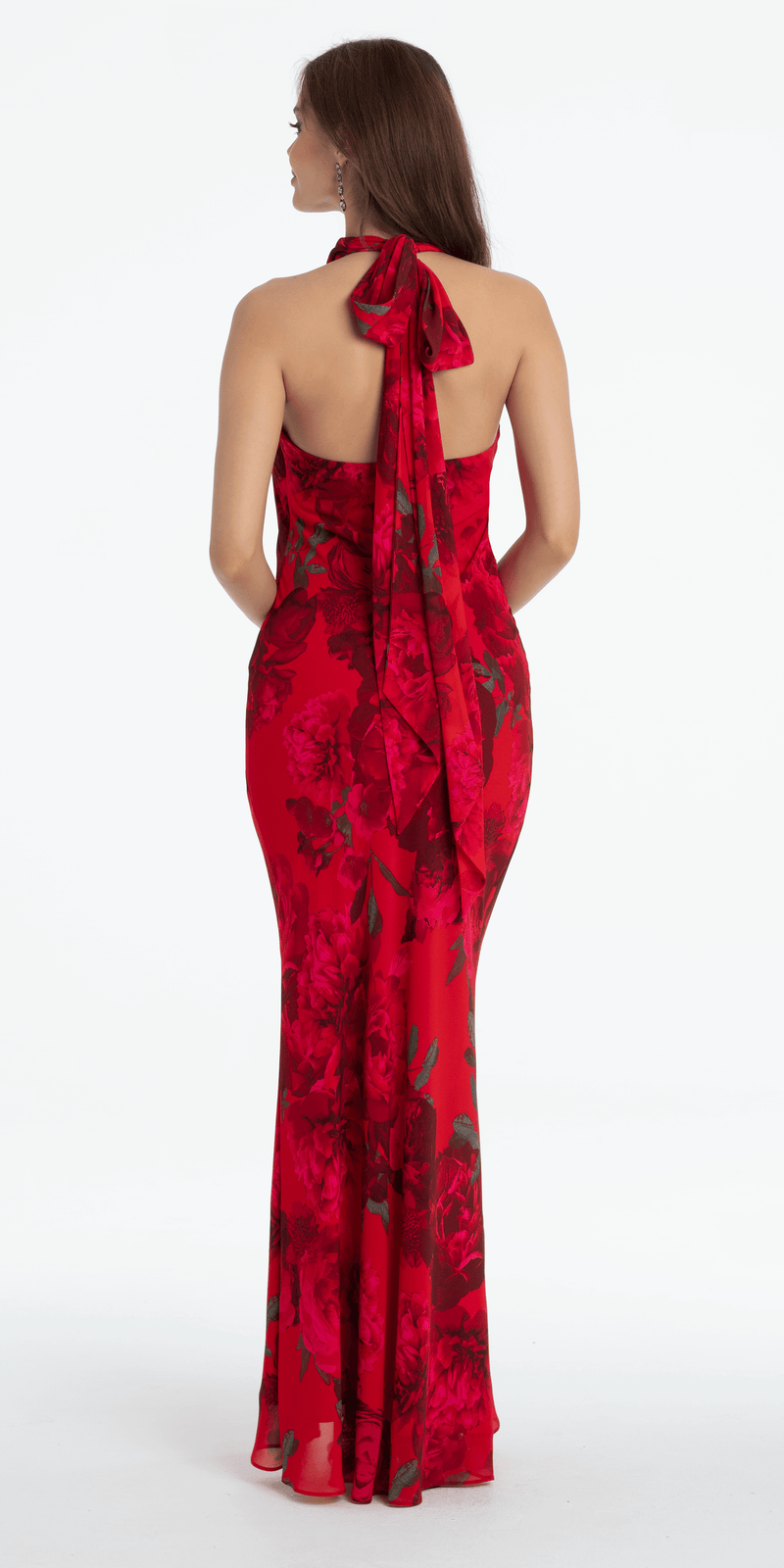 Rose Print Cowl Neck Tie Back Halter Column Dress - Camille La Vie