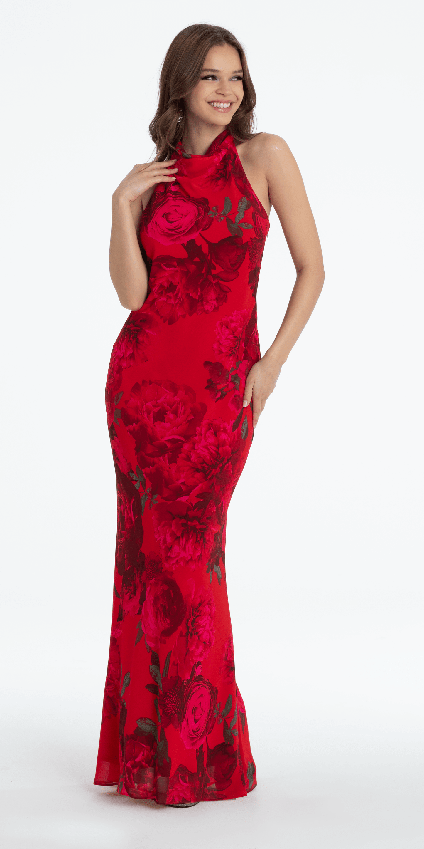 Rose Print Cowl Neck Tie Back Halter Column Dress - Camille La Vie