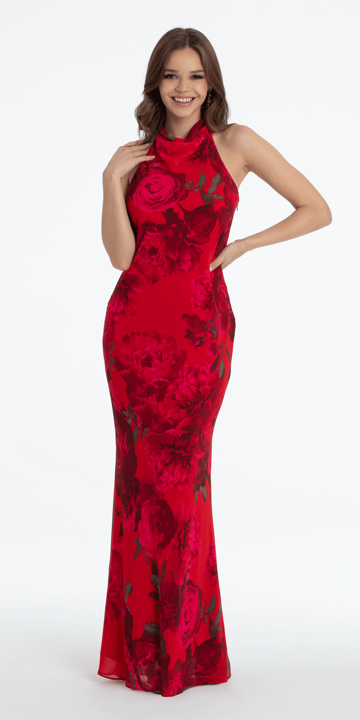 Rose Print Cowl Neck Tie Back Halter Column Dress - Camille La Vie