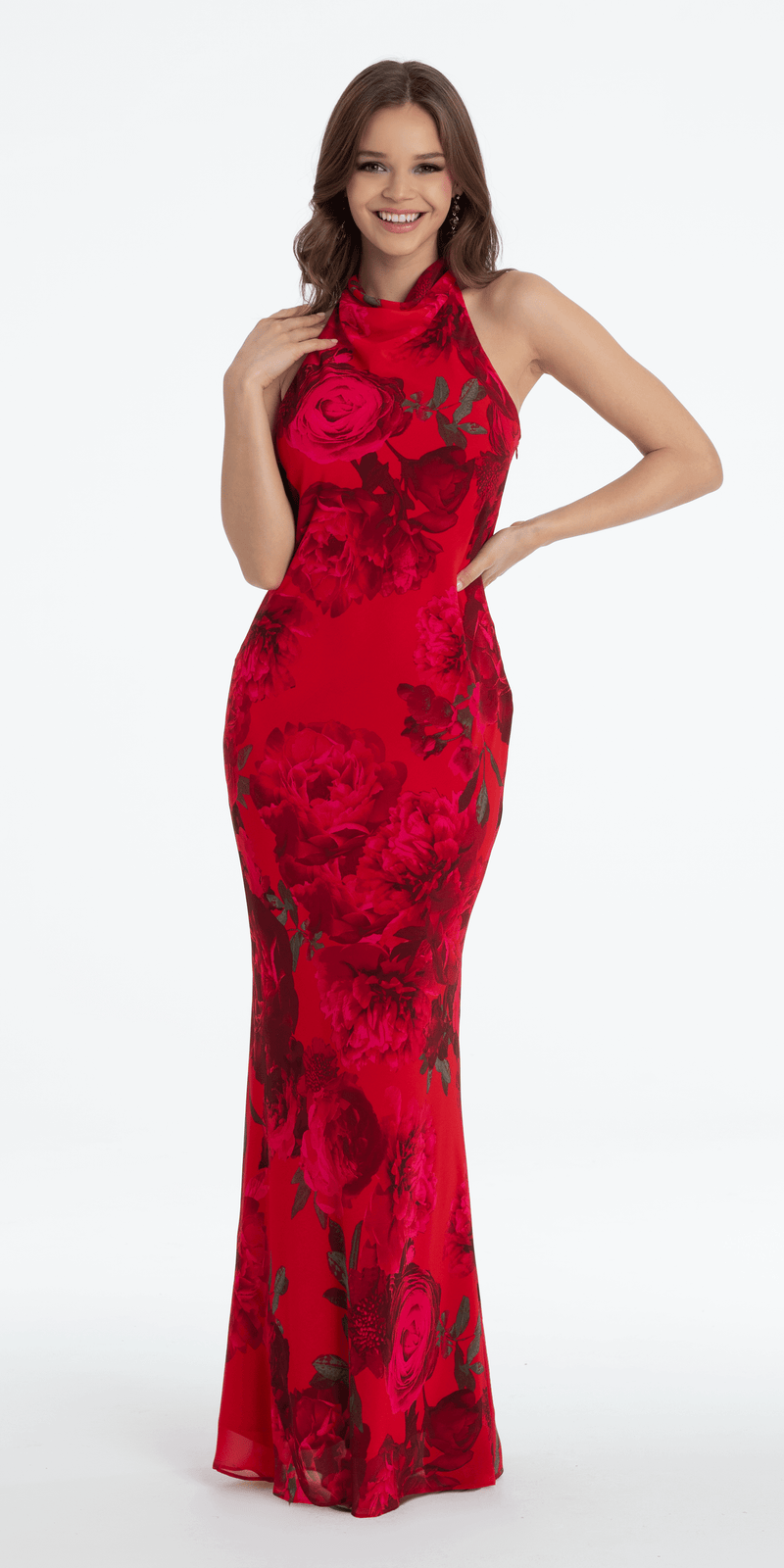 Rose Print Cowl Neck Tie Back Halter Column Dress - Camille La Vie