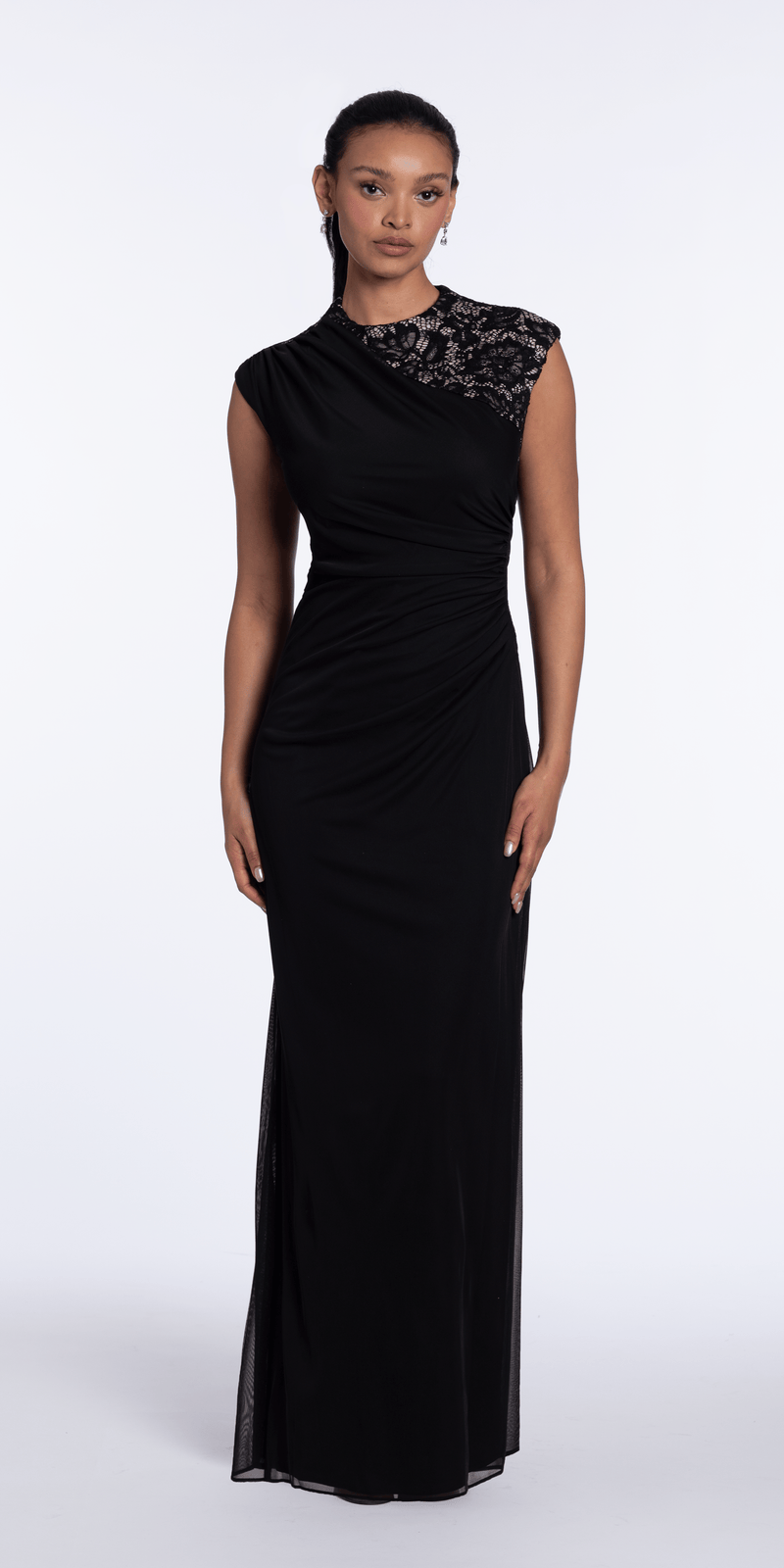 Two Tone Mesh Jewel Neck Cap Sleeve Column Dress with Ruching - Camille La Vie