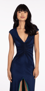 Fishnet Cap Sleeve V Neck Column Dress with Front Slit - Camille La Vie